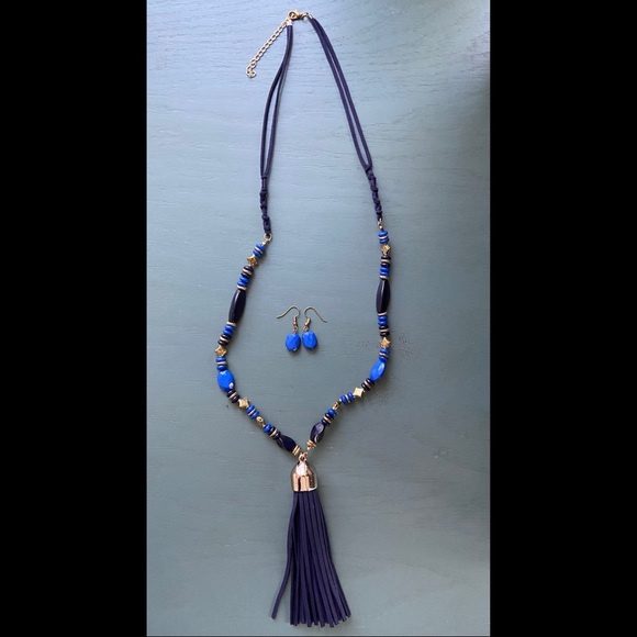 Vintage Jewelry Vintage Nwot Blue Tassel Necklace Earrings Set